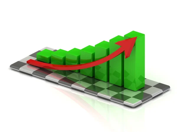 Gráfico el crecimiento de las barras verdes con una flecha roja — Foto de Stock