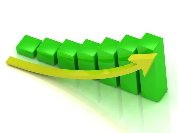 Wykres wzrostu firmy zielone paski i żółtą strzałkę — Zdjęcie stockowe