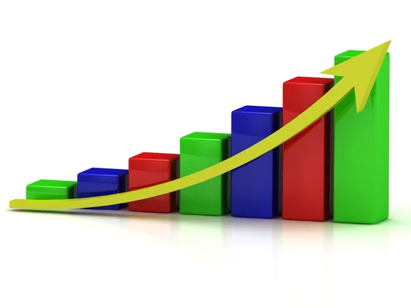Wykres wzrostu biznesu z paskami kolorów i Żółta strzałka — Zdjęcie stockowe