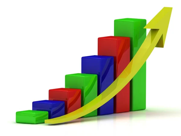 Gráfico de crescimento de negócios das barras de cor e uma seta amarela — Fotografia de Stock