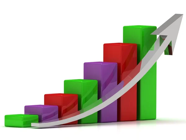 Gráfico de crescimento de negócios das barras de cor e uma seta de prata — Fotografia de Stock