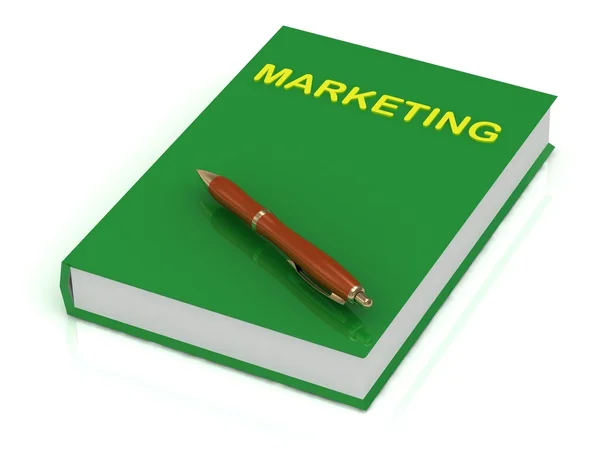 Grønn bok om markedsføring og brun penn – stockfoto
