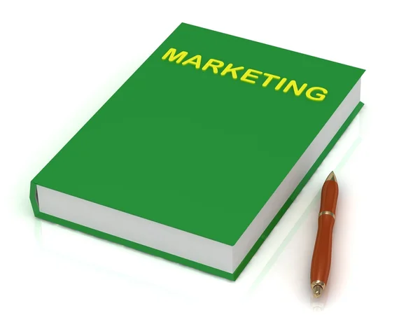 Livro verde sobre marketing e caneta — Fotografia de Stock