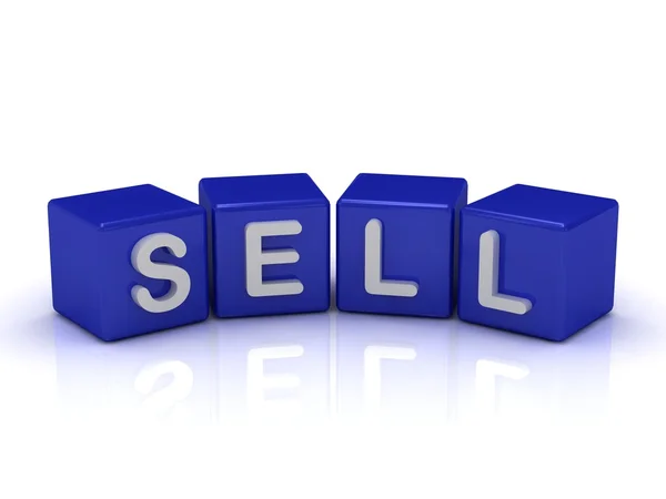 Sälja word på blå kuber — Stockfoto