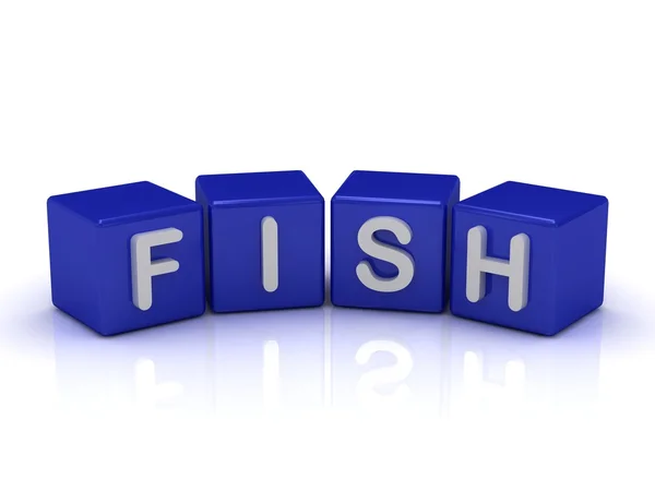 Słowo ryb na niebieski kostki — Zdjęcie stockowe