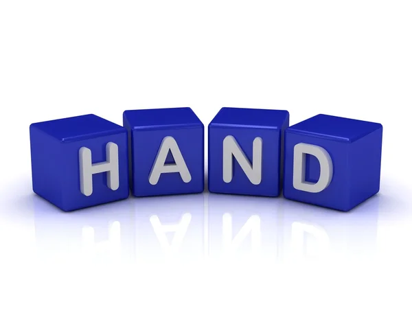 Slovo ruka na modré kostky — Stock fotografie