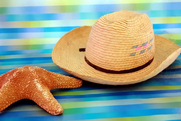 Men's straw beach hat next and the sea star Stock Image
