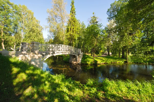Alte Brücke im herbstlich nebligen Park — Stockfoto