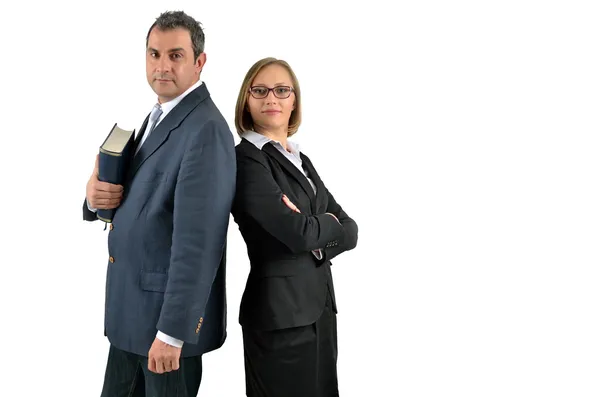 Sorridente colleghi di lavoro fiduciosi in giacca e cravatta in piedi a — Foto Stock