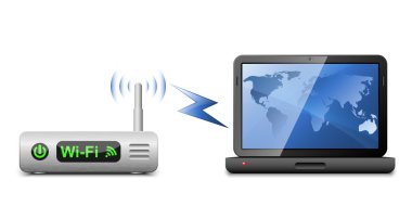 Icon of a laptop connected to a wireless router. Vector Illustr clipart