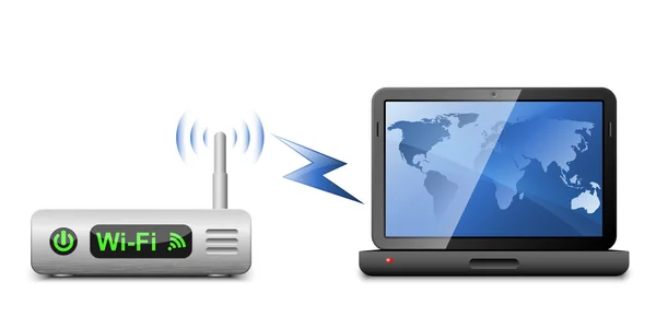 Icono de un portátil conectado a un router inalámbrico. Vector Illustr — Vector de stock