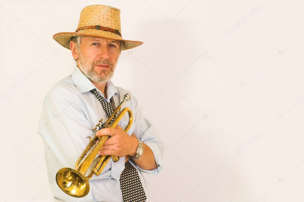 Trumpeter in a straw hut