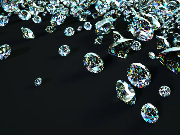 Diamanty roztroušené na černém povrchu — Stock fotografie