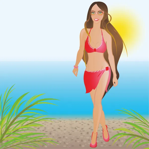Una ragazza in costume da bagno rosso sulla spiaggia — Vettoriale Stock