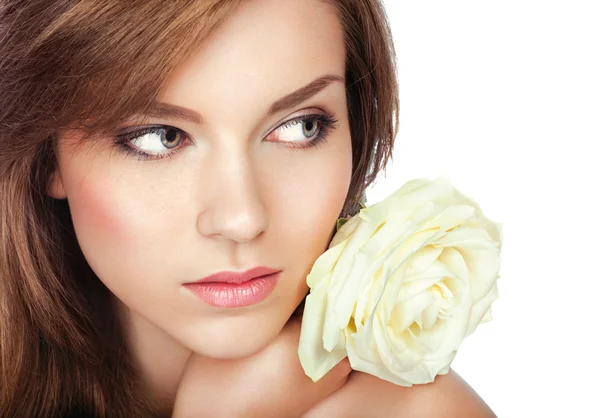 Молодая привлекательная девушка с идеальным макияжем и розой Стоковое Изображение