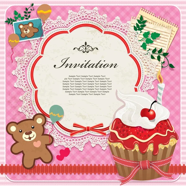 Εκλεκτής ποιότητας πλαίσιο με cupcake & αρκουδάκι — Διανυσματικό Αρχείο