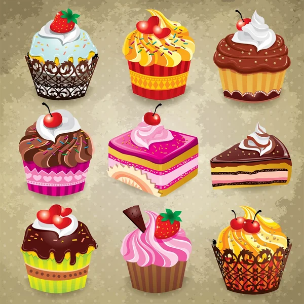 Conjunto de cupcakes vintage Ilustrações De Stock Royalty-Free