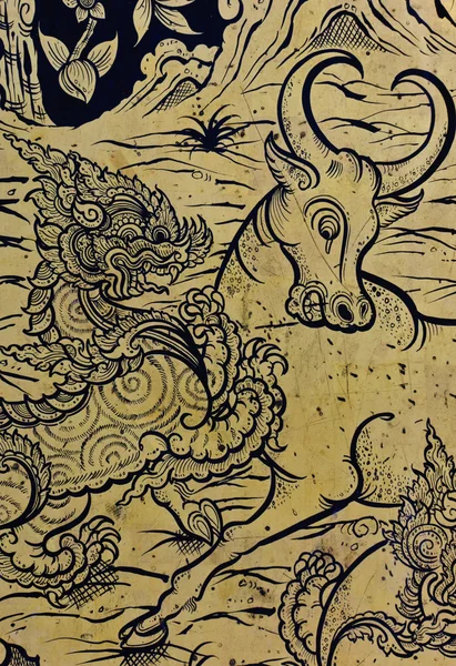 ドラゴンおよび雄牛戦いの絵画 — ストック写真