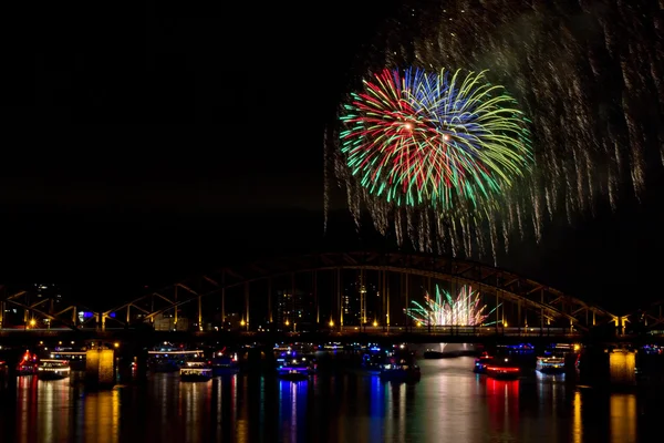 Artificii colorate peste râul Rin — Fotografie, imagine de stoc