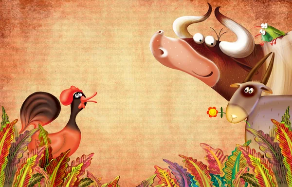 Cartoon boerderij dieren groep/boerderij achtergrond met dieren — Stockfoto