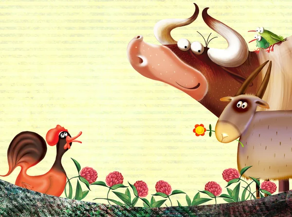 Cartoon farm animals group/farm background with animals — Stock Photo, Image