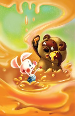 Story about vinny and his frend little pig in the honey.Fairy tale background clipart