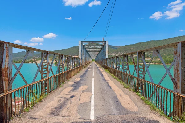 Yol ve su deposu üzerinden çelik köprü — Stok fotoğraf