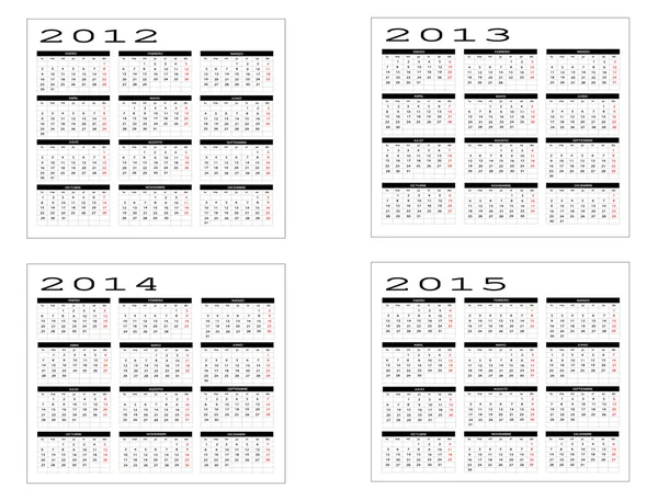 2012 年至 2015 年的日历 — 图库矢量图片