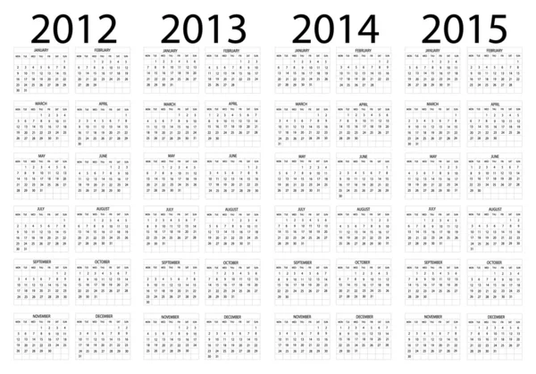 Календарь с 2012 по 2015 год — стоковый вектор