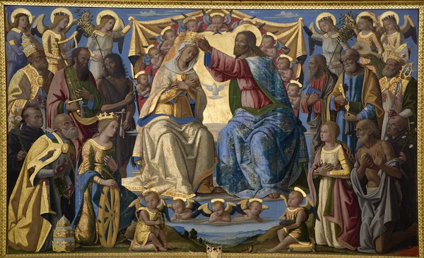 Jesus Christ and coronation of holy mary - paint from Siena church Sata Maria dei Servi — Stock Photo, Image