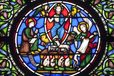 Paris - windowpane from Saint Denis gothic church - Jesus and four evangelists clipart