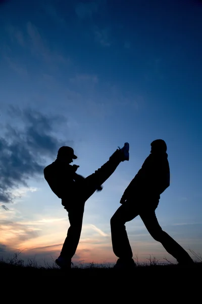 Entrenamiento de karate en la puesta del sol - silueta — Foto de Stock