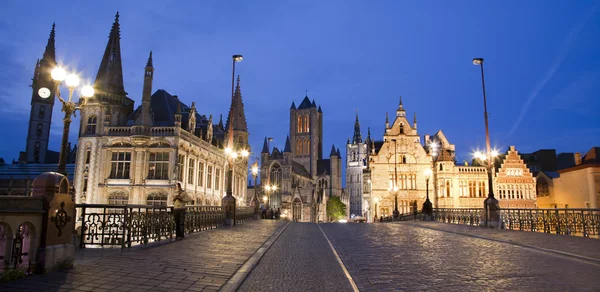 Gent - Look from Saint Michael s bridge to Nicholas church and town hall in evening on June 24, 2012 in Gent, Belgium. — Stockfoto
