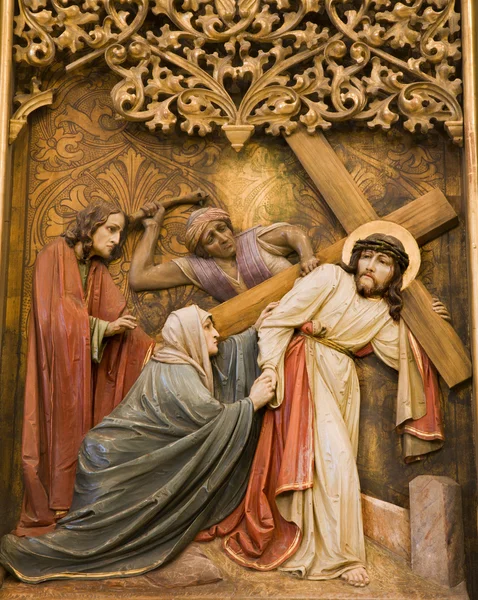 Братислава - деталь готического алтаря из собора св. Мартина - Иисус и гл. Мэри на перепутье — стоковое фото