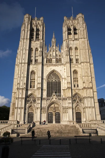 Brussel - Sint-Michaël en Sint-Goedele gotische kathedraal - west gevel in Avondlicht. — Stockfoto