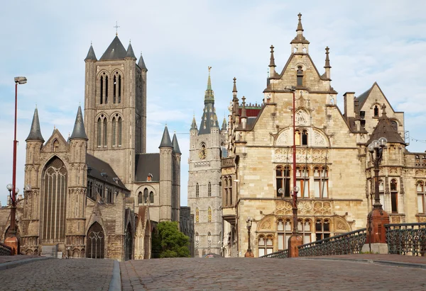 Gent - Look from Saint Michael s bridge to Nicholas church and town hall in evening on June 24, 2012 in Gent, Belgium. — Stock Photo, Image