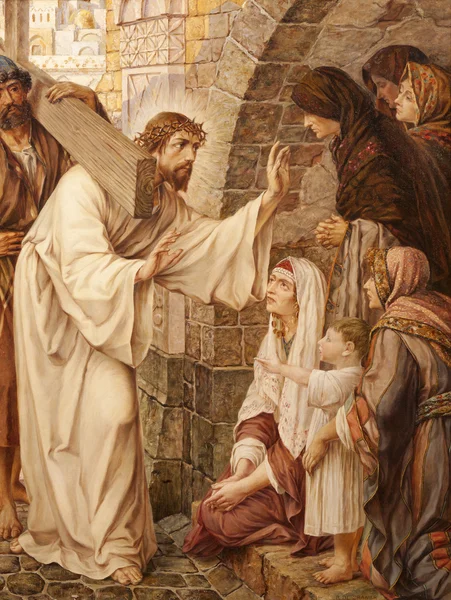 GENTE - JUNHO 23: Jesus e as mulheres chorando no caminho da cruz. Pintura na igreja de São Pedro por Josef Piens Cooreman em 23 de junho de 2012 em Gent, Bélgica . — Fotografia de Stock