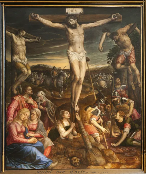 Brussel - 22 juni: kruisiging op Jezus. schilderen van st. kerk door michael van coxie op 22 juni 2012 in Brussel. — Stockfoto