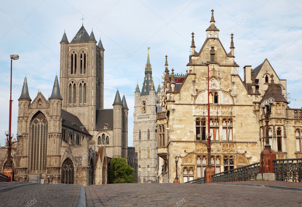 Gent - Look from Saint Michael s bridge to Nicholas church and town hall in evening on June 24, 2012 in Gent, Belgium.