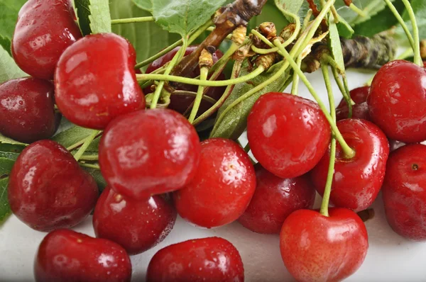 Red cherries with leaves — Stock Photo, Image