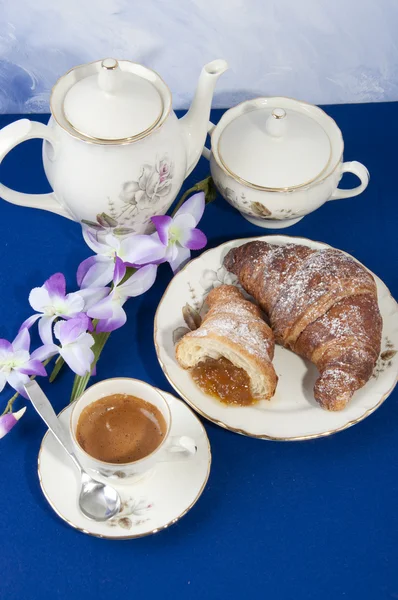 stock image Croissants with jam and coffee