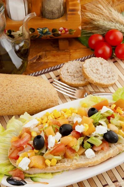 Mixed salad with bread and various cereals (pansanella) — Stock Photo, Image