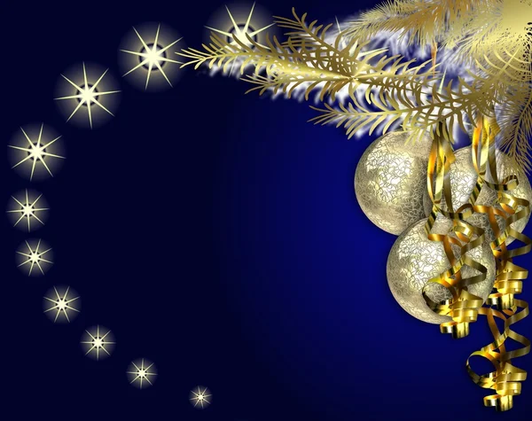Cartolina natalizia con palle w oro e fondo blu — Zdjęcie stockowe