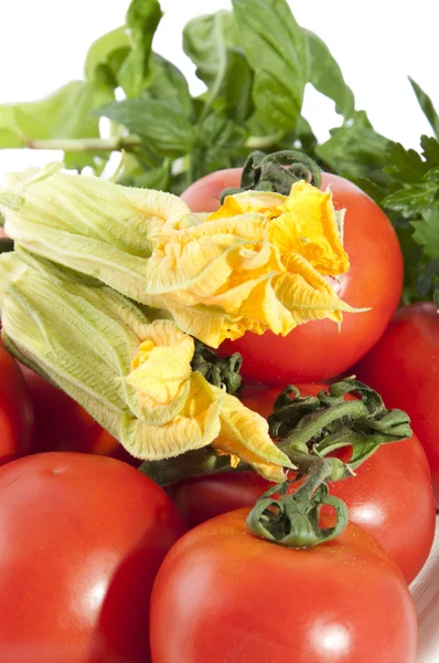 Red tomatoes with squash blossoms and basil — Stock Photo, Image