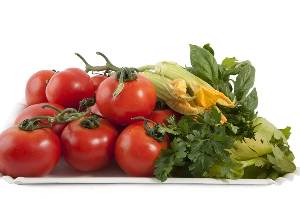 붉은 토마토와 바질과 호박 꽃 — 스톡 사진