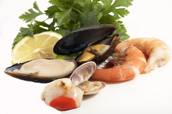 Raw mussels with parsley and lemon — Stock Photo, Image