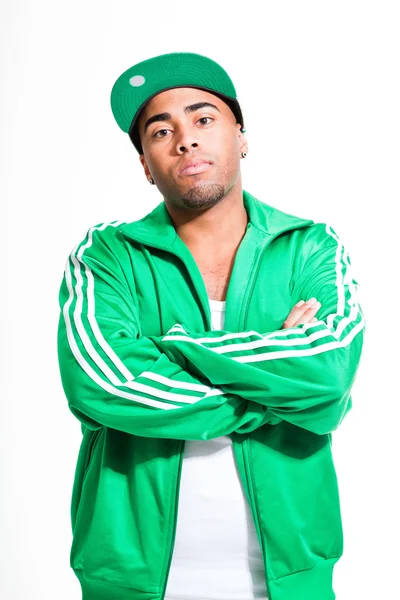 Hip hop urban black man wearing old school green suit and cap isolated on white. Looking confident. Cool guy. Studio shot. — Stock Photo, Image