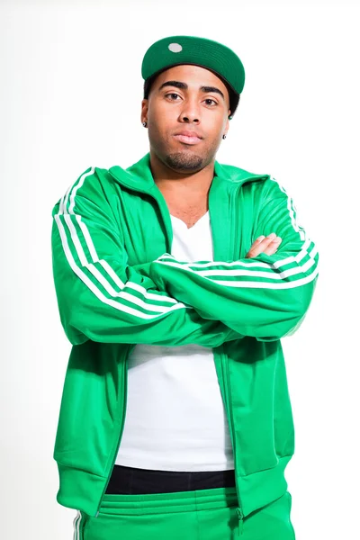 Hip hop urban black man wearing old school green suit and cap isolated on white. Looking confident. Cool guy. Studio shot. — Stock Photo, Image