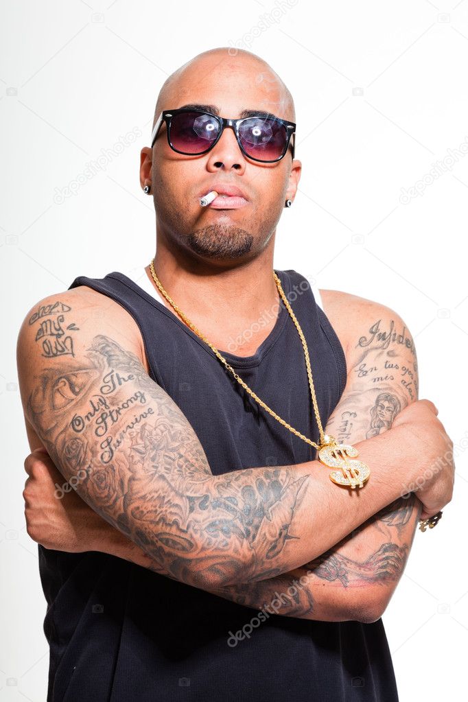 Hip hop urban gangster black man wearing dark shirt and bling bling ...