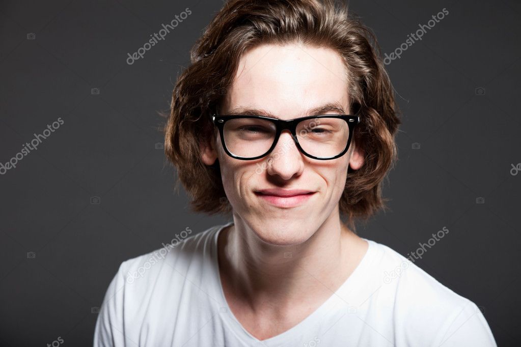 Handsome Young Man With Brown Long Hair And Retro Glasses Isolated On Grey Background Fashion 7067